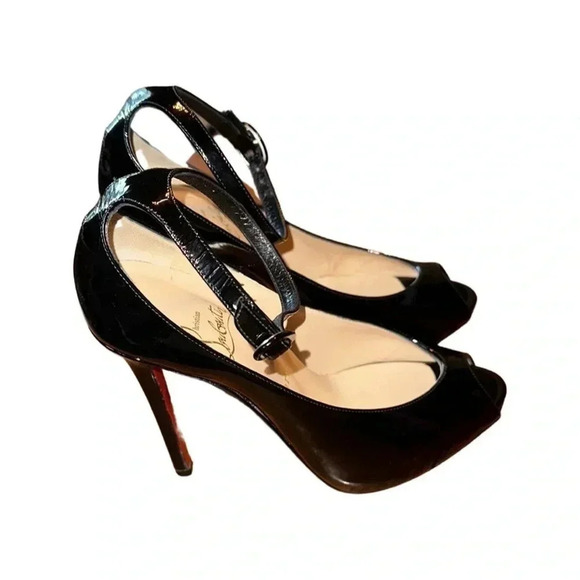Christian Louboutin Rampoldi Ankle Strap Patent Leather Peep Toe Pump Black 37 - Picture 2 of 10